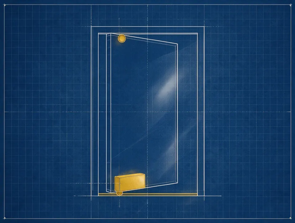 Reference view of pivot door hardware