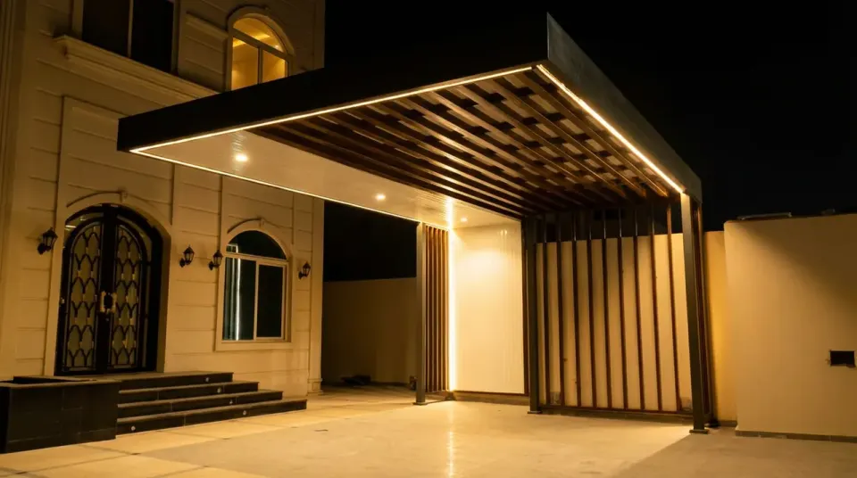 Outdoor roof structure with integrated evening lighting