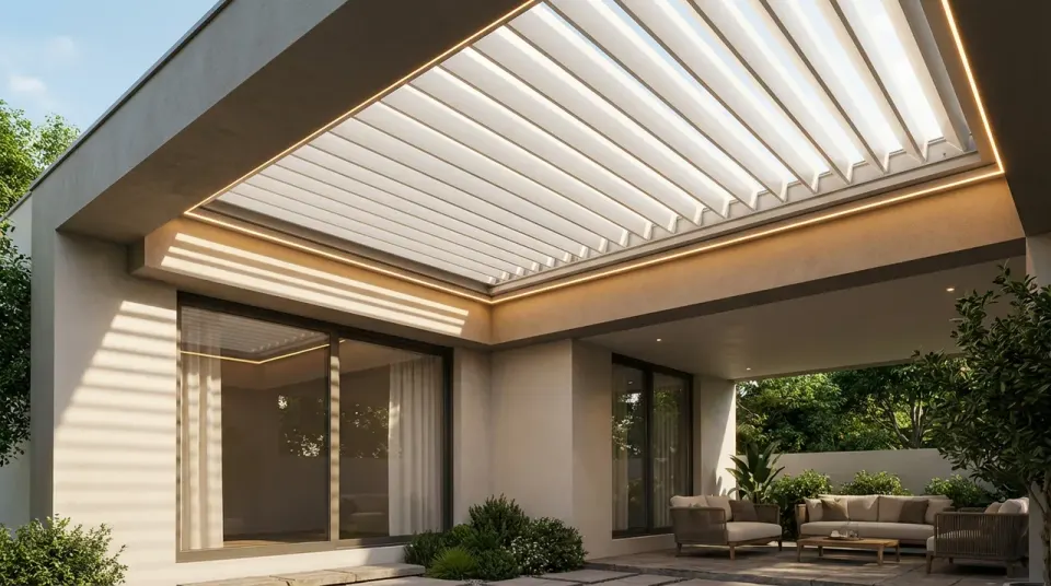 Aluminium louvres above an outdoor seating area