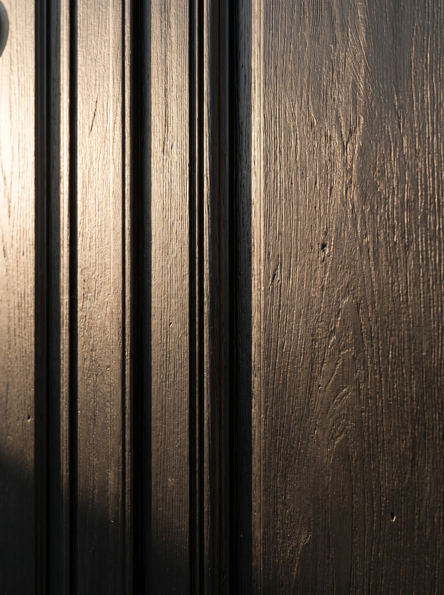 A close-up of dark wood-effect panels in warm sunset light, showing the grain texture