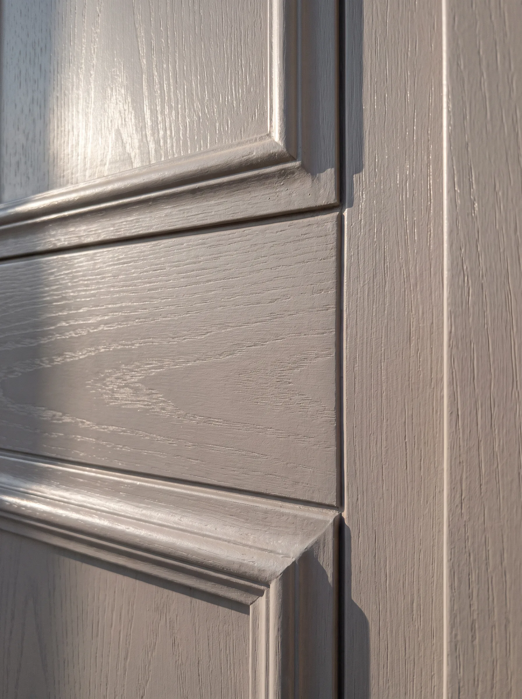 A close-up of door panel edges in a taupe-grey finish with fine wood-grain detailing