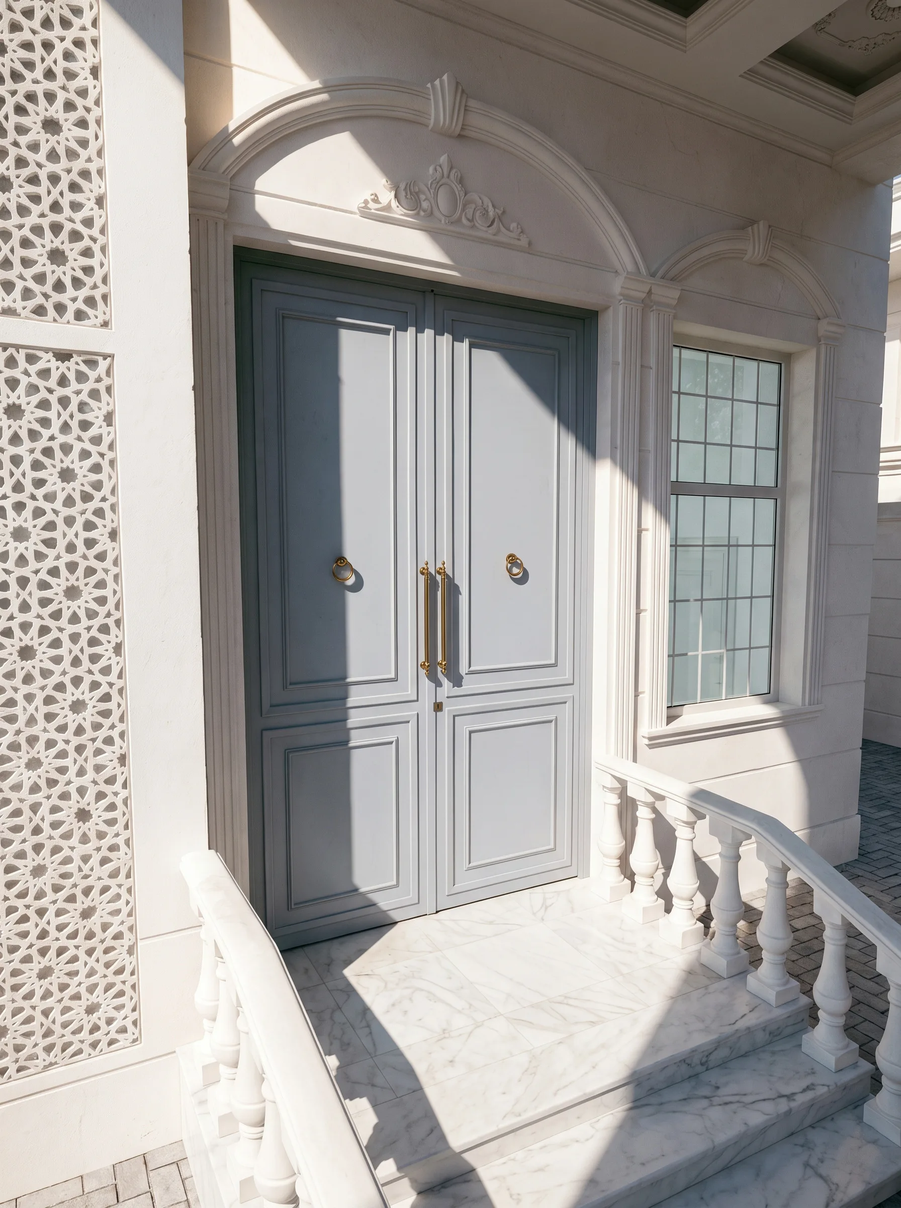 A grey steel door with gold handles at an arched villa entrance beside a geometric-patterned wall