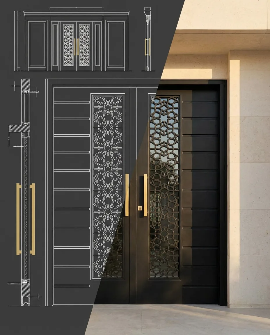 A split image showing the engineering drawing of a black steel door with a gold geometric motif beside the finished, installed door