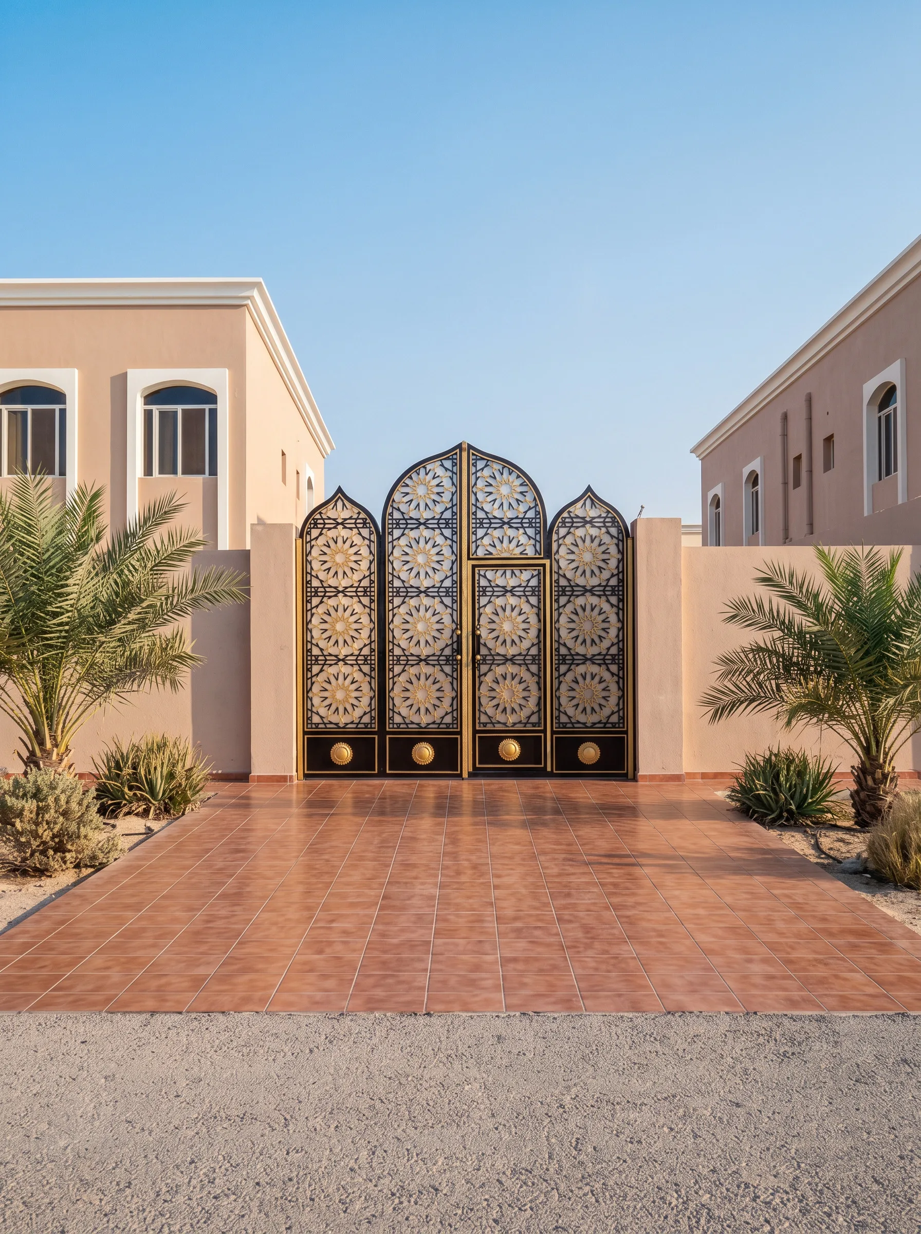 A black and gold steel gate with a repeating arched Islamic geometric motif, laser-cut, at a villa entrance