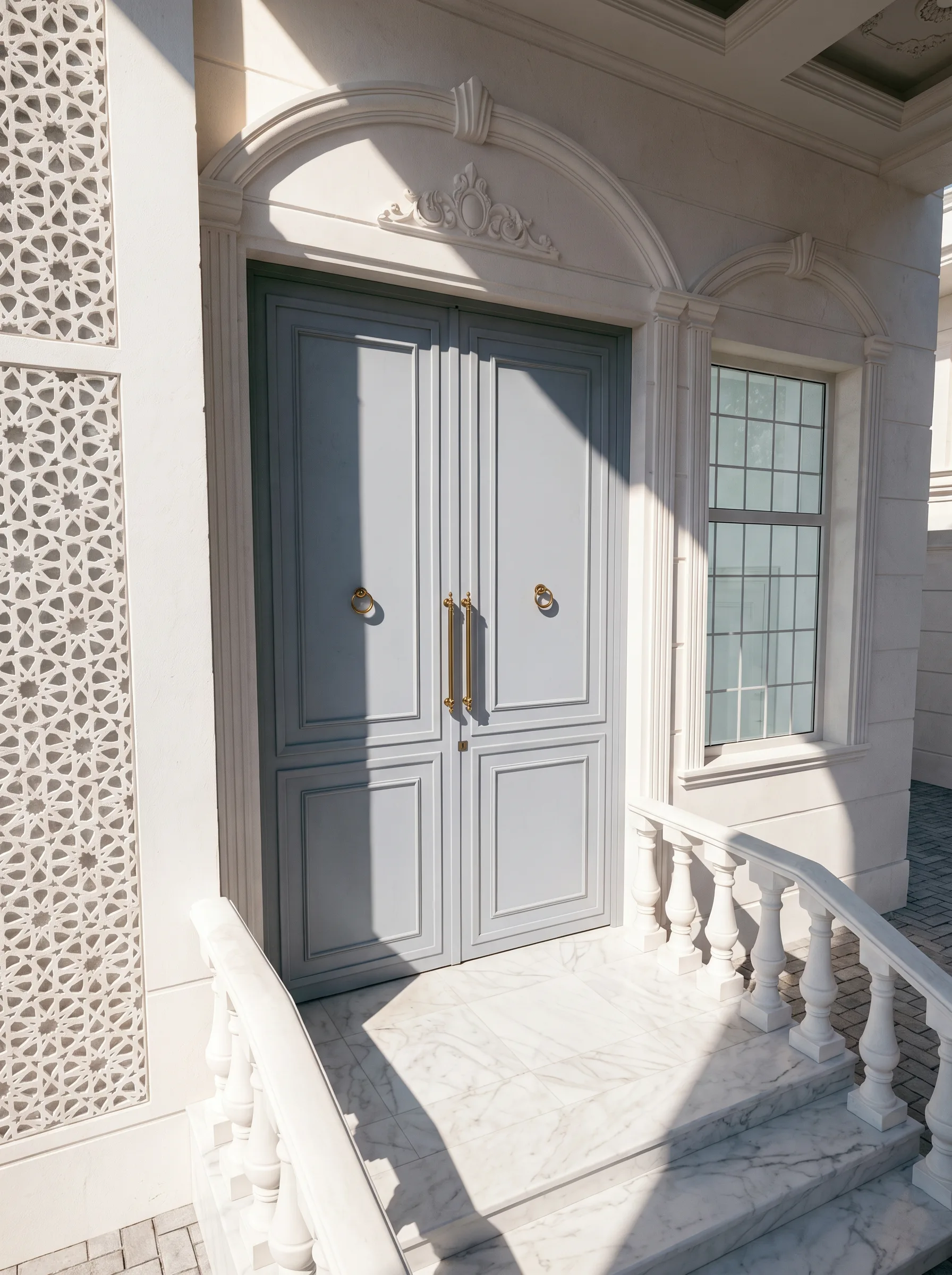 A light ash-grey classical double steel door with brass handles — Side angle