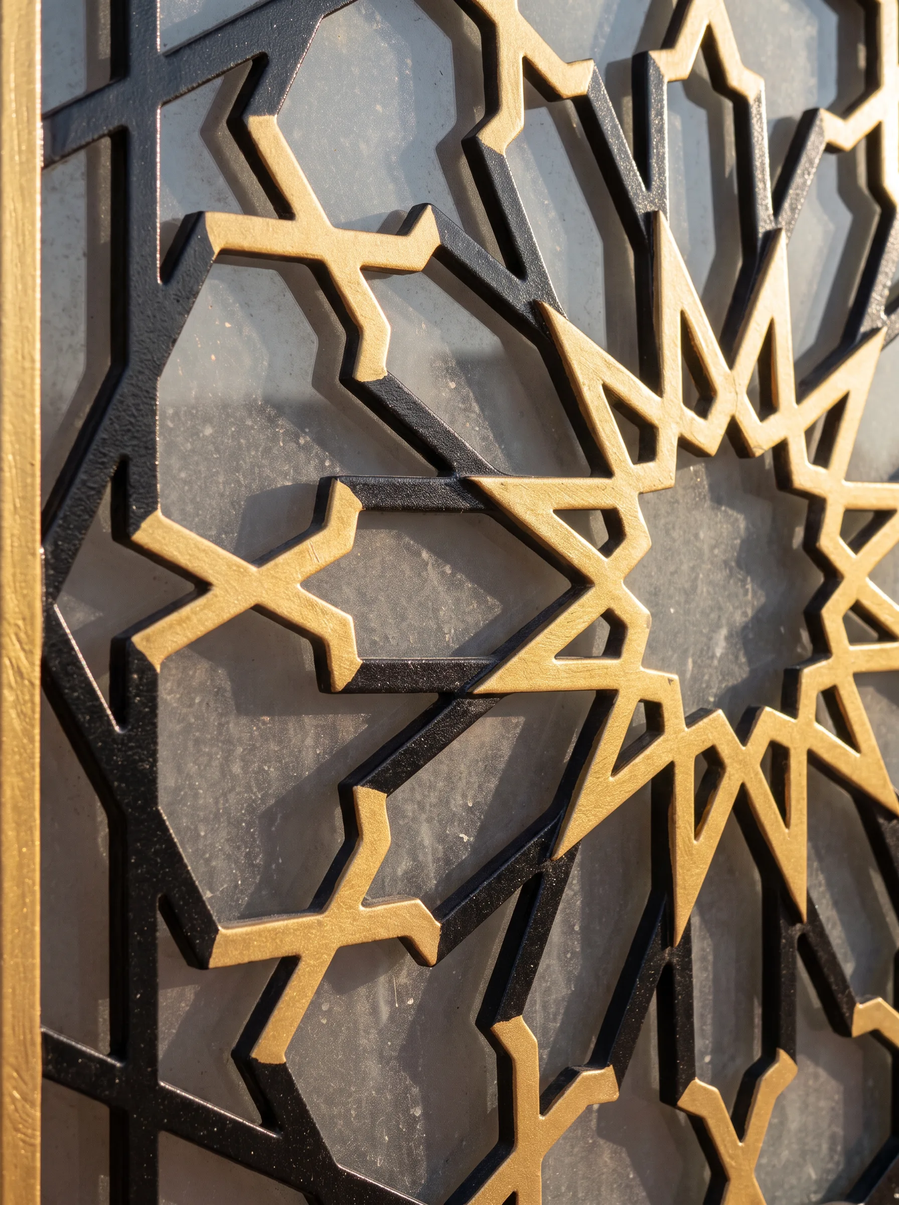 A black and gold steel gate with a geometric star motif — Material detail