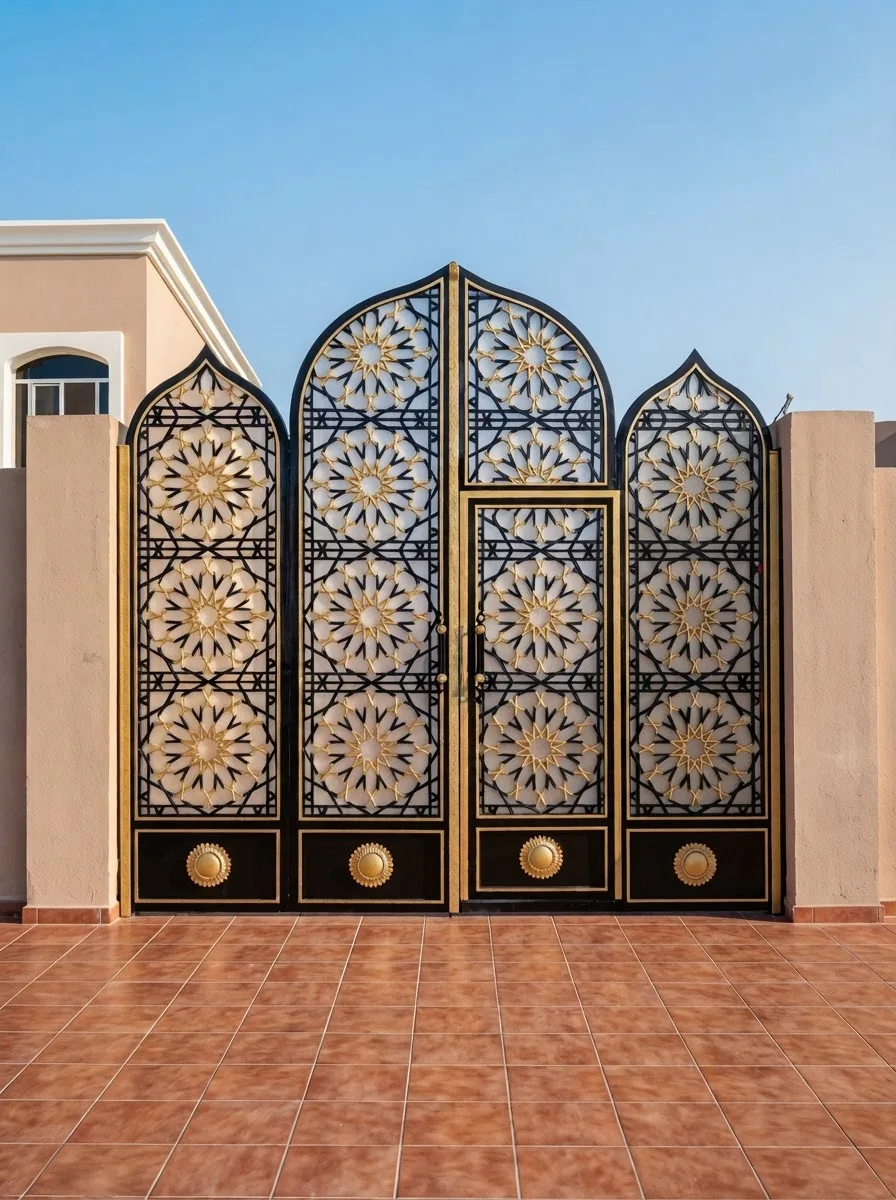 A black and gold steel gate with a geometric star motif — Front view