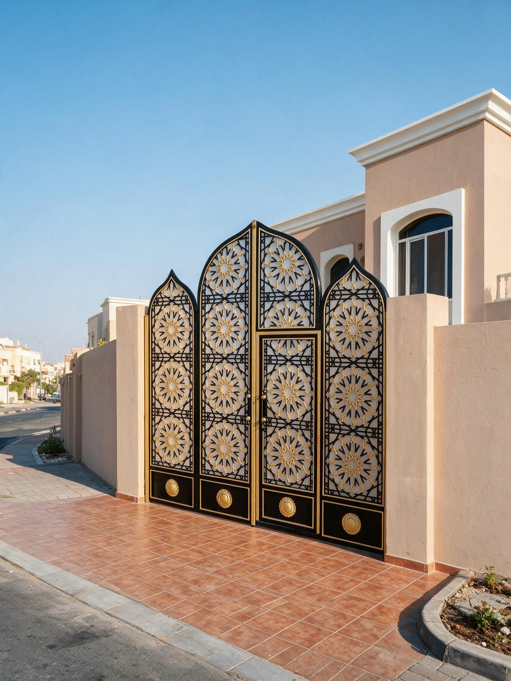 A black and gold steel gate with a geometric star motif — Side angle