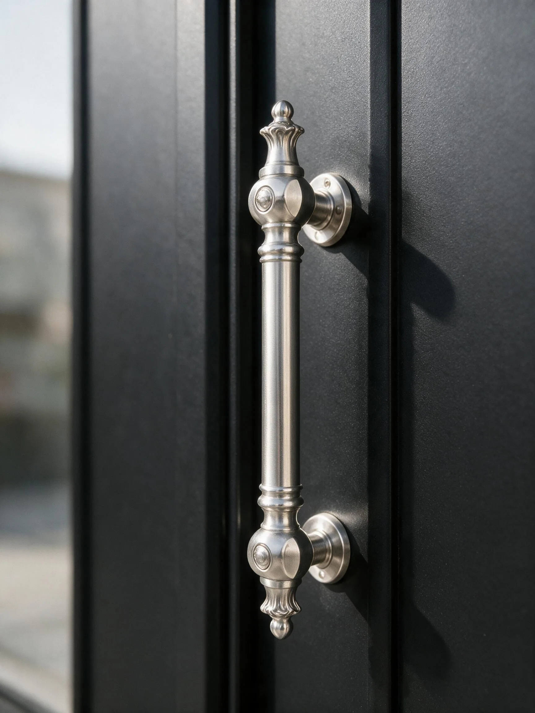 A black double steel door with decorative mashrabiya panels — Material detail