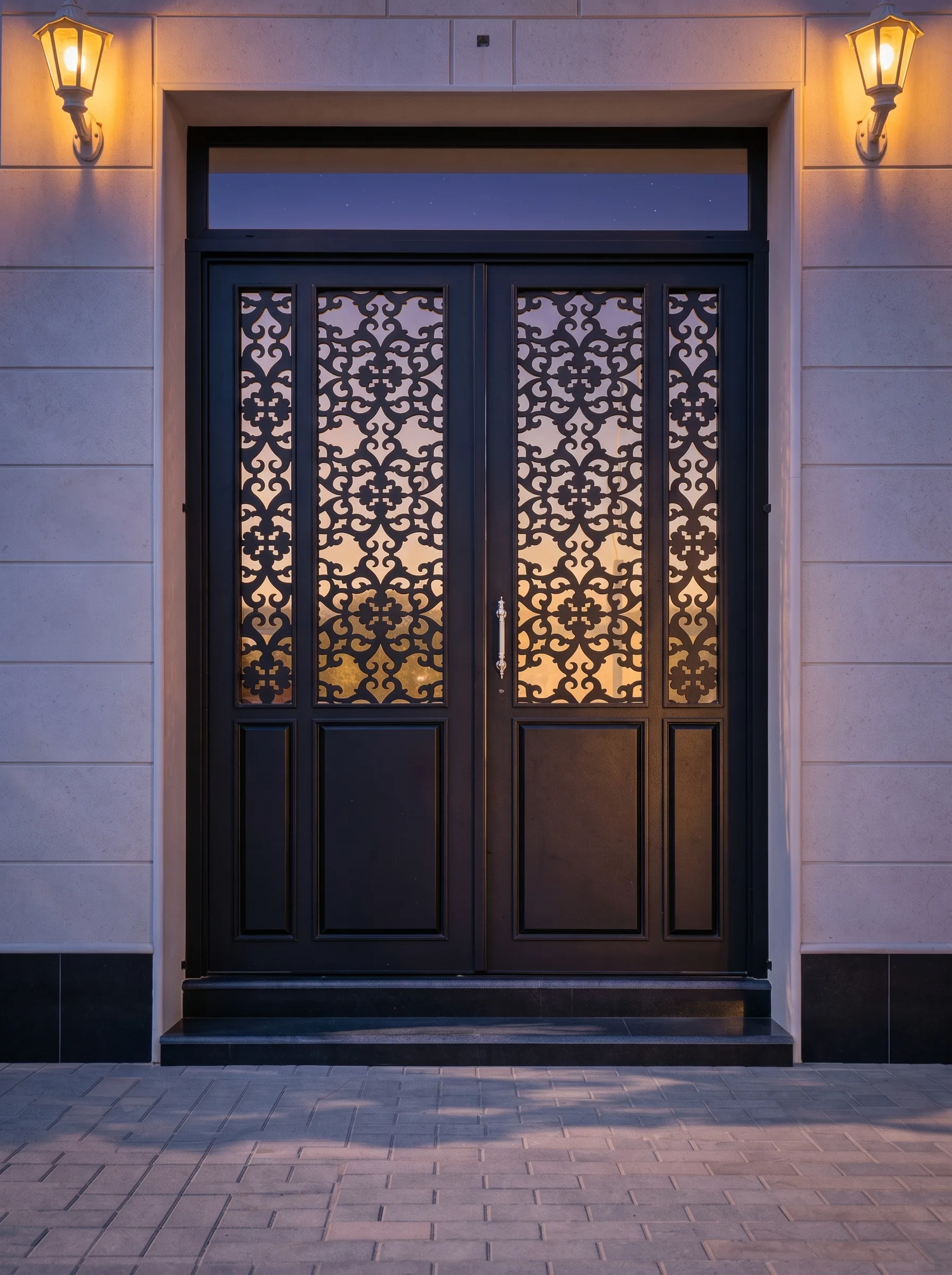 A black double steel door with decorative mashrabiya panels — Side angle