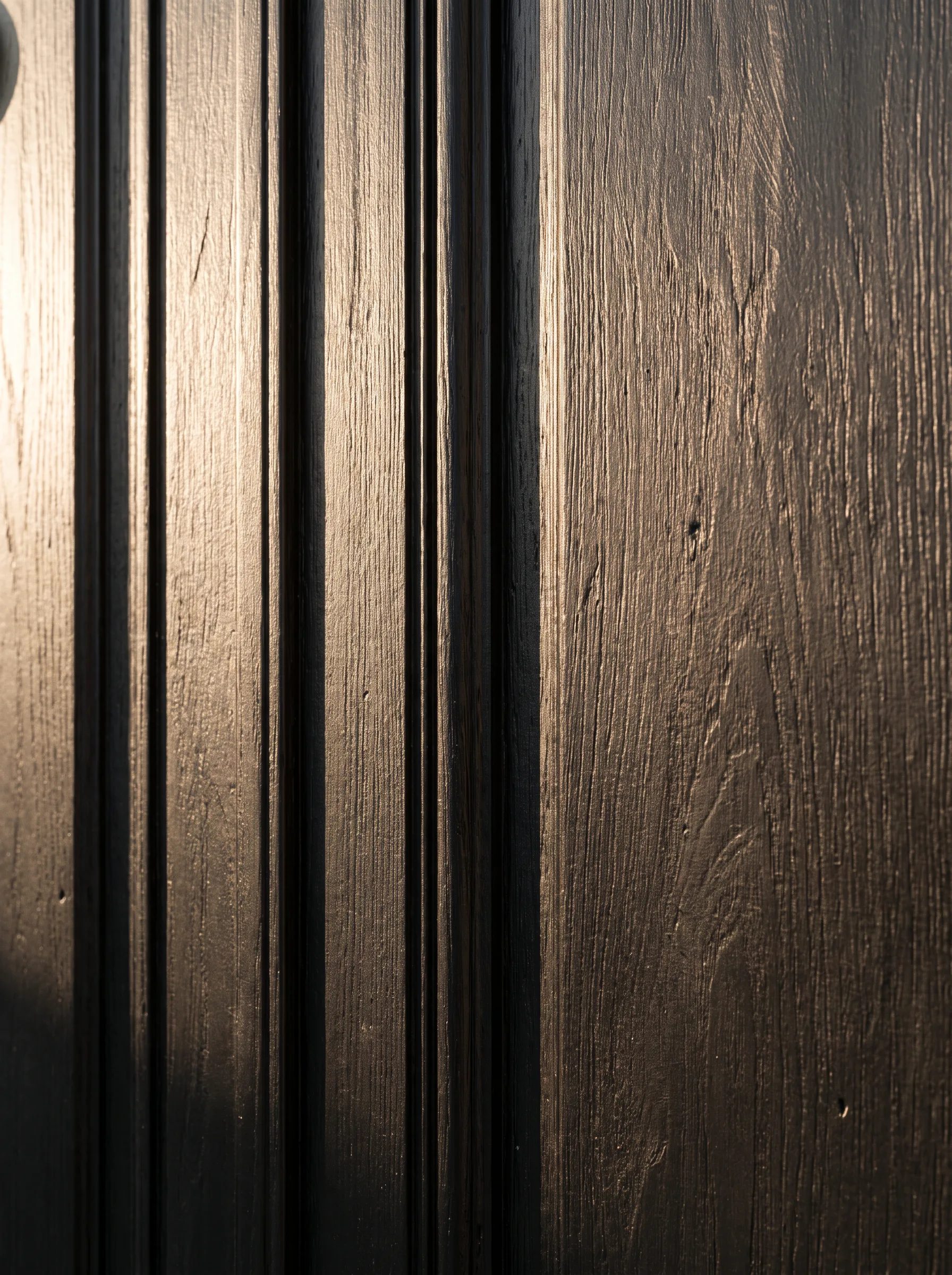 A black double steel door with an arched crown and classical detailing — Material detail