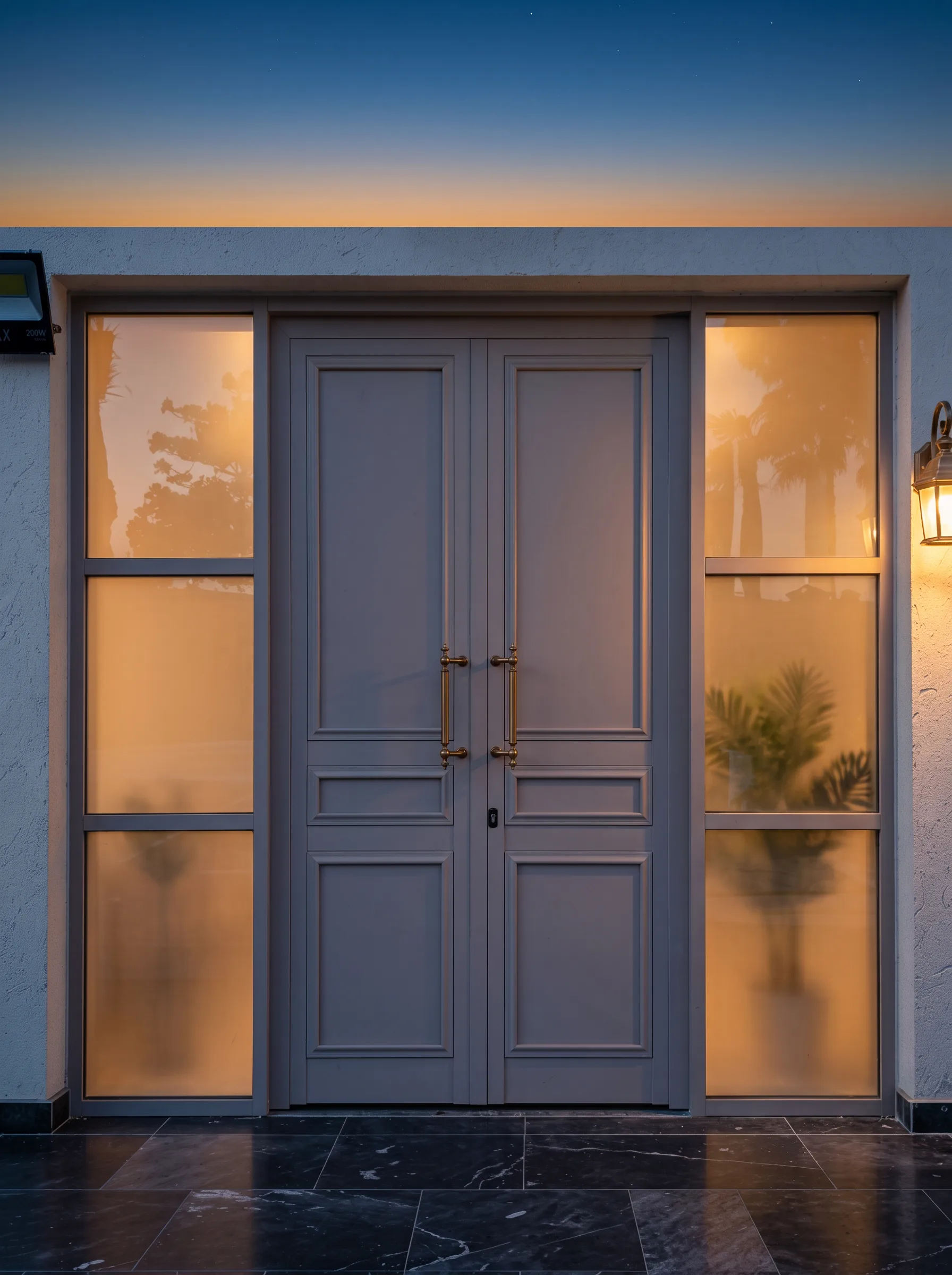 A mist-grey double steel door framed by glazed side panels — Material detail