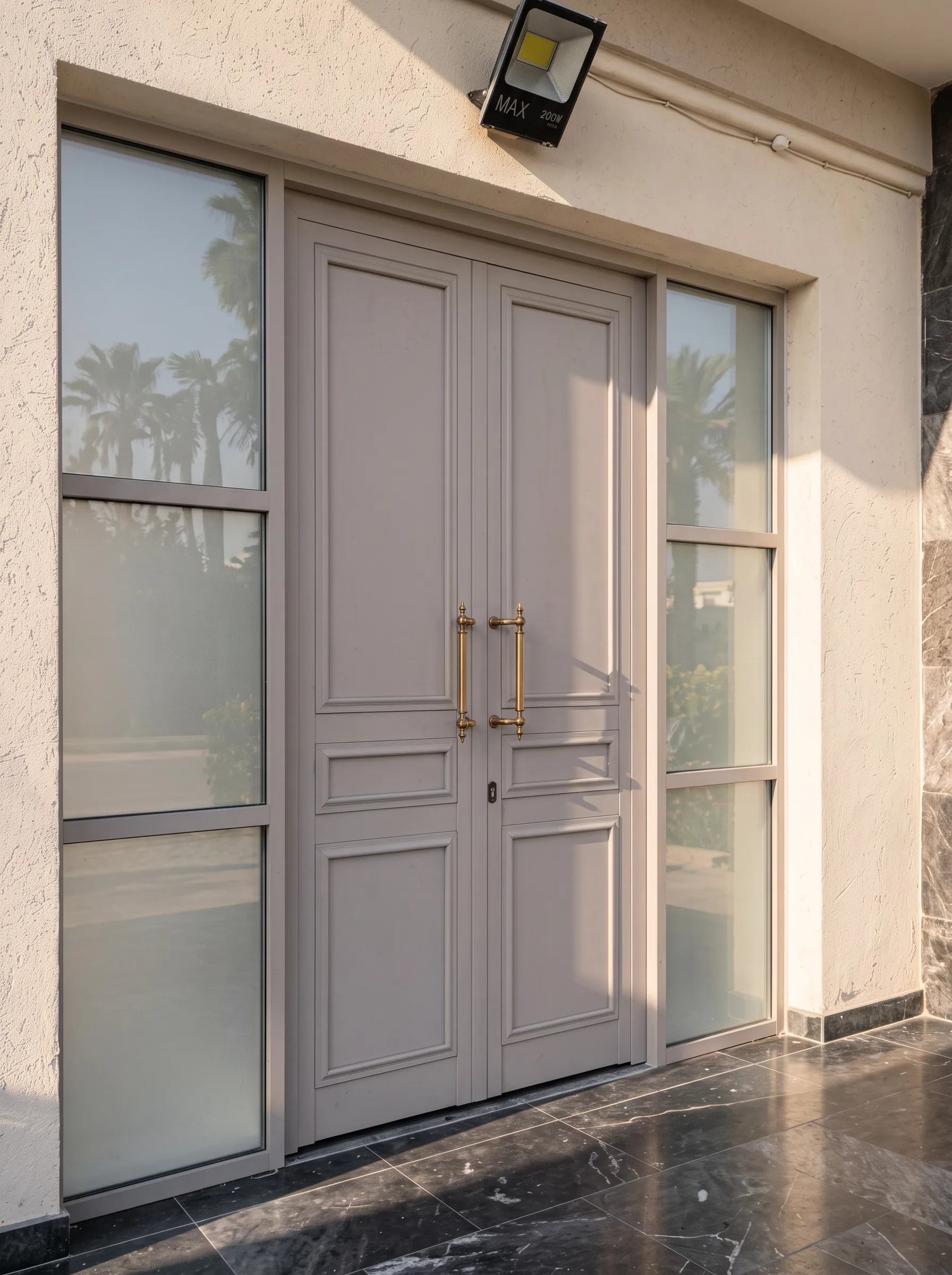 A mist-grey double steel door framed by glazed side panels — Front view