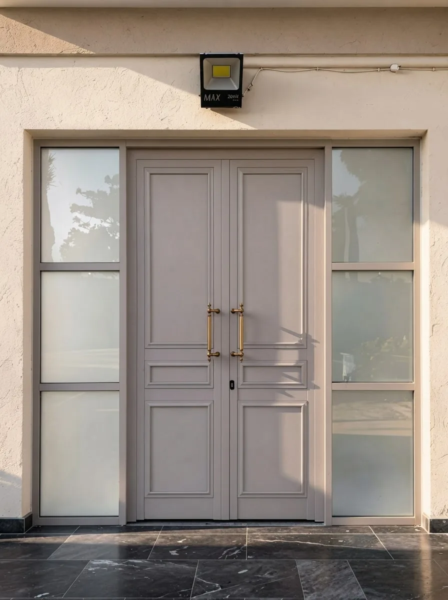 A mist-grey double steel door framed by glazed side panels — Side angle