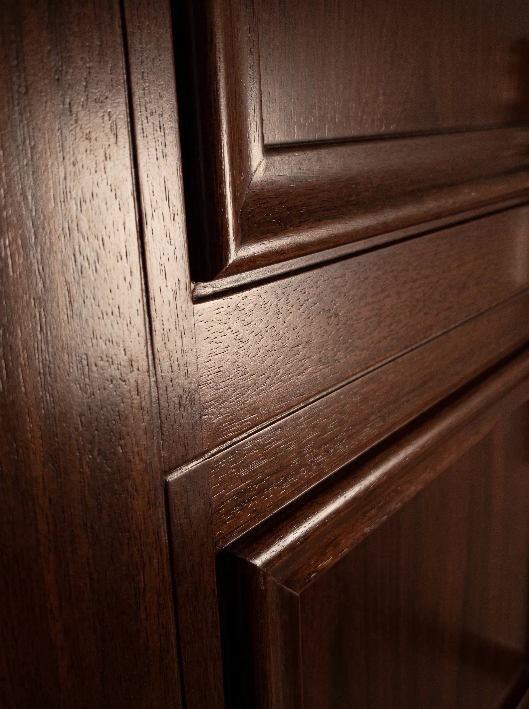 A double steel door in a dark walnut-effect finish — Material detail