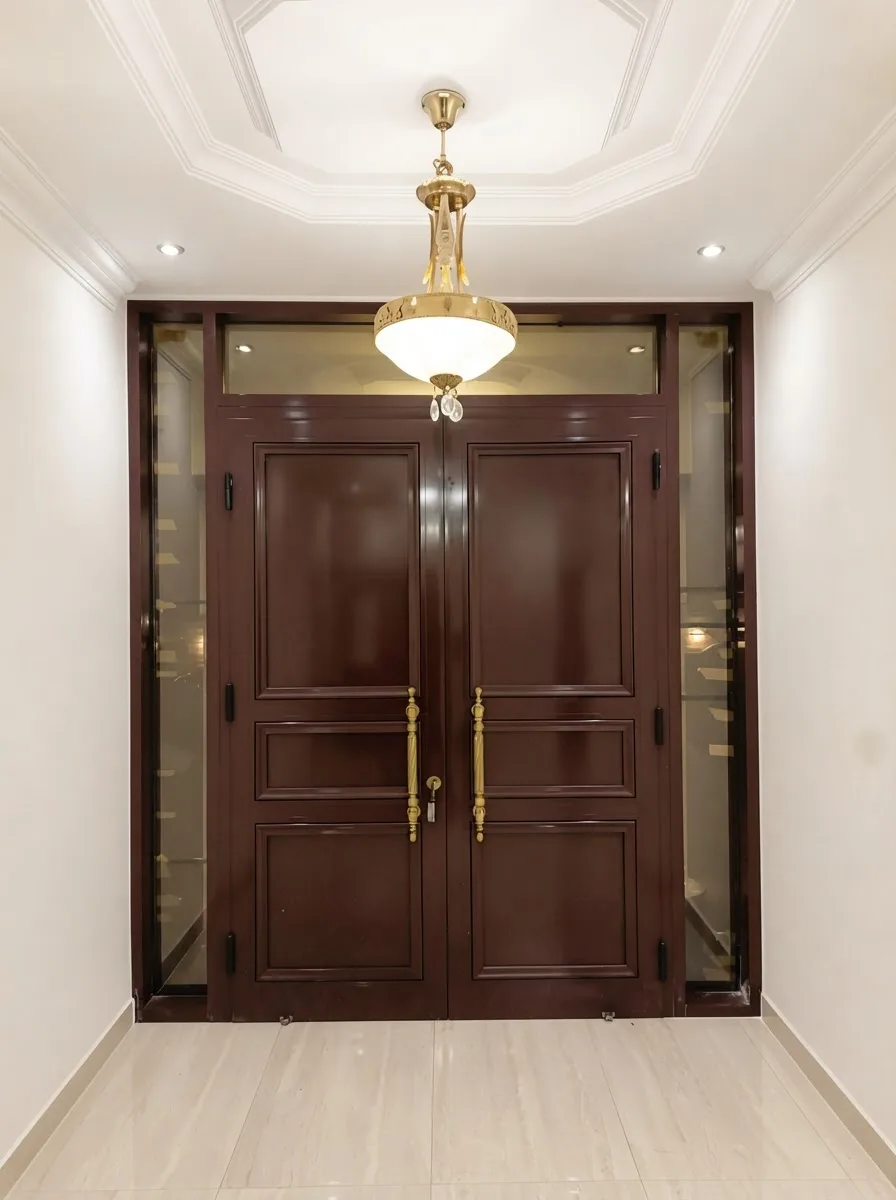 A double steel door in a dark walnut-effect finish — Front view