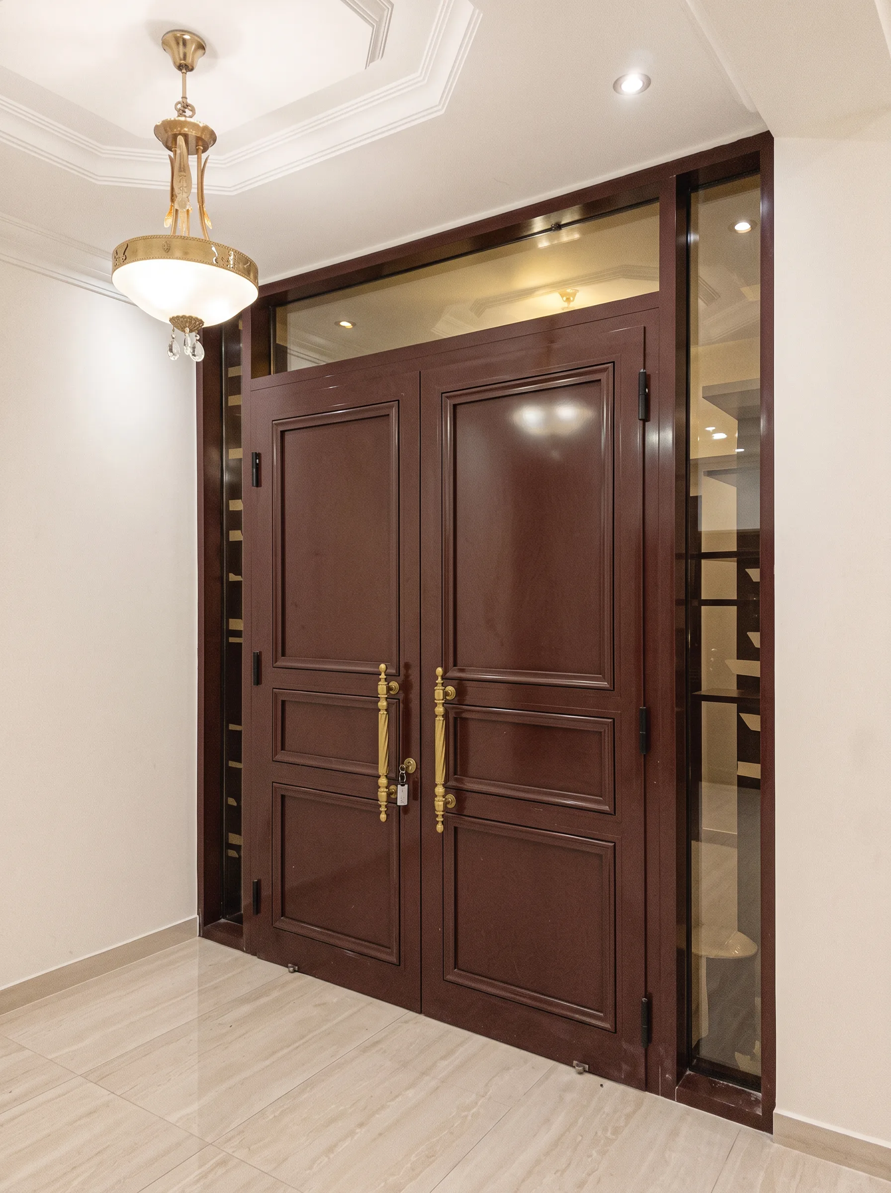 A double steel door in a dark walnut-effect finish — Side angle
