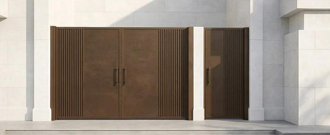 A wide bronze-toned steel gate with vertical linear panels — Material detail