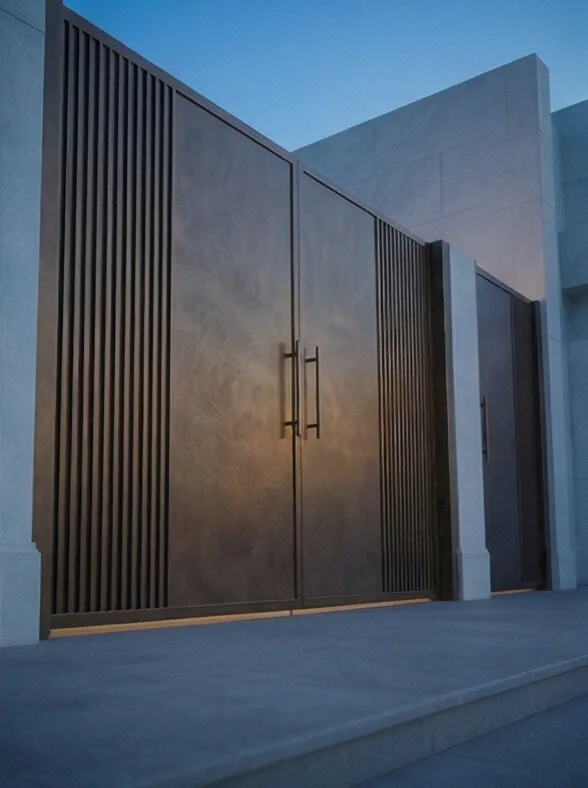 A wide bronze-toned steel gate with vertical linear panels — Front view