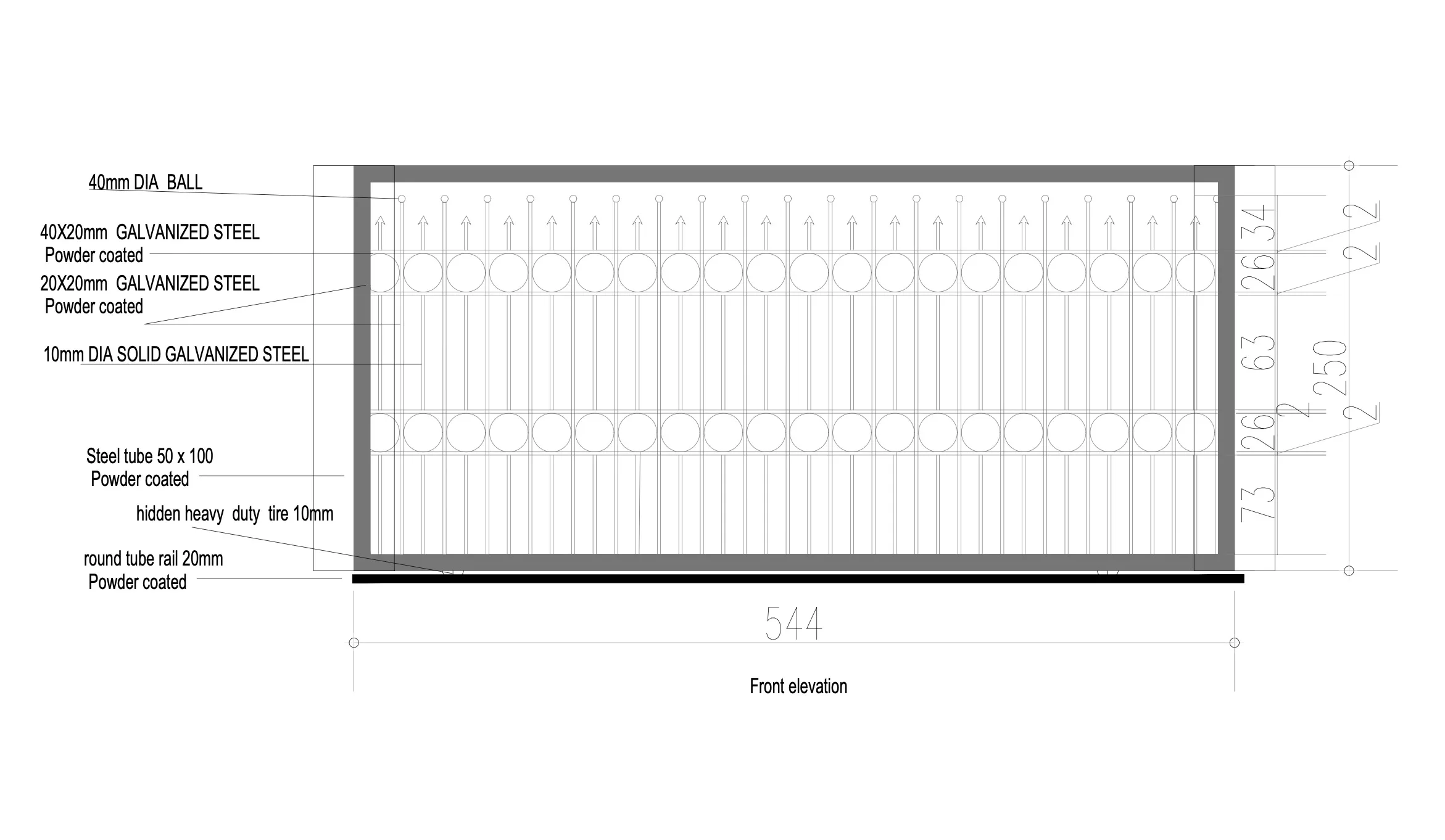 Front elevation drawing with material specifications — galvanized, powder-coated steel tube