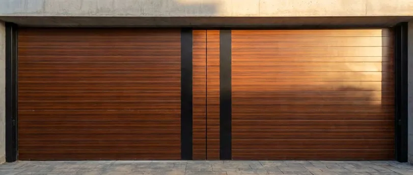 A steel door with a horizontal wood-effect finish in a black frame